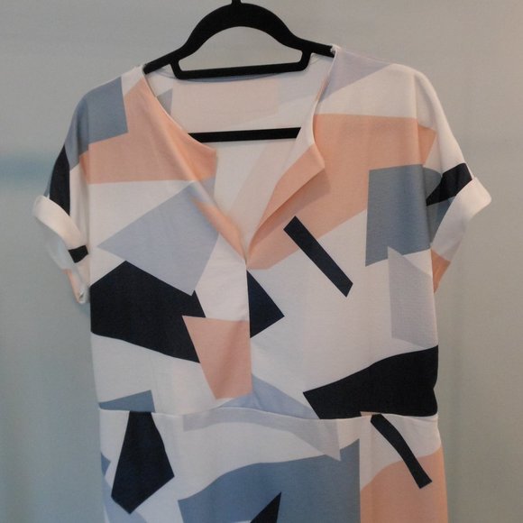 Abstract Geometric Print Tie-belt Dress Blue Pink White - Size XL - Picture 3 of 8